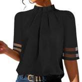 Color Top Net Splicing Half Sleeve Mesh Stitching Pleated Blouse